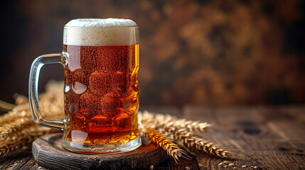 Mug of beer with foam on a wooden table against a vintage background.