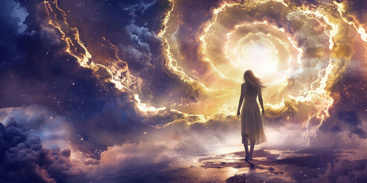 We are all alone walking into the future as it spirals out of our control abstract concept - back view of a young female walking towards a bright golden spiral into the unknown
