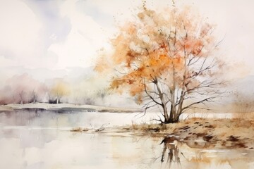 watercolor autumn background with orange seasonal tree on the shore of the lake.