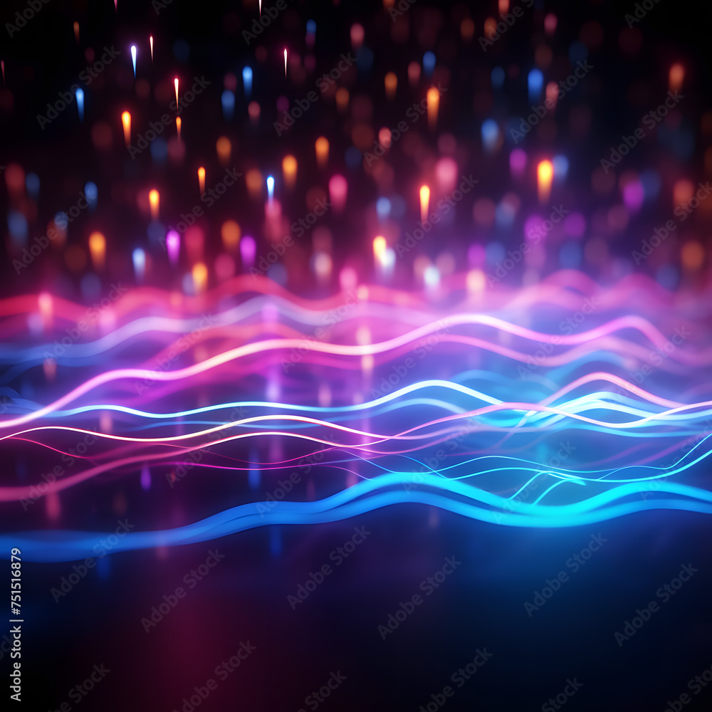 Aufkleber abstract background with pink blue glowing neon lines and bokeh lights. data transfer concept. digit