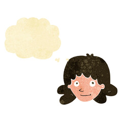 cartoon happy female face with thought bubble