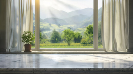Empty marble kitchen table with window on a meadow and trees.