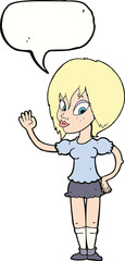 cartoon pretty woman waving with speech bubble