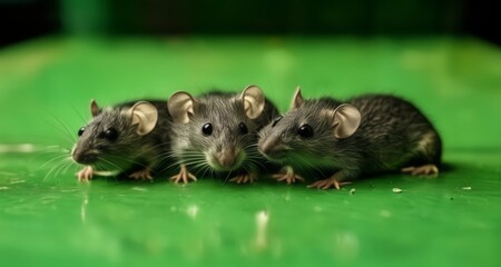  Three adorable mice on a green surface