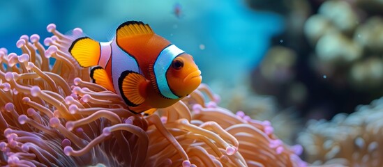 Beautiful clown fish swimming gracefully in vibrant anemonic reef underwater