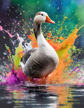 black goose walking through colorful water splashes