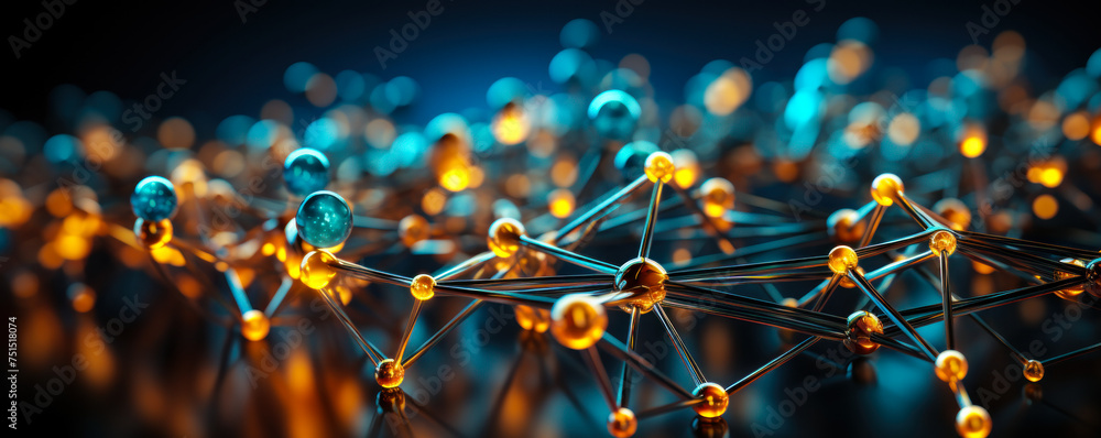 Poster abstract close-up of a molecular structure in blue hues, depicting the intricate complexity and conn