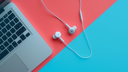 Minimalistic and stylish composition of a laptop and earphones on a pastel-colored surface.