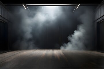Dark and empty room with white smoke texture, Product show case, wooden floor and backdrop - obrazy, fototapety, plakaty