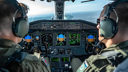 Pilots Operating a Modern Aircraft Mid-Flight, Surrounded by Advanced Avionic Systems - obrazy, fototapety, plakaty