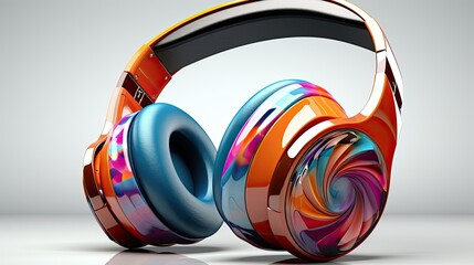 3D illustration of bright colorful stereo headphones with a modern design. Gaming music headphones isolated on white background. Concept art of stylish headphones. - obrazy, fototapety, plakaty