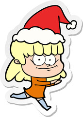 sticker cartoon of a smiling woman wearing santa hat