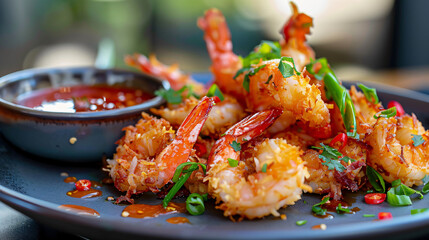 Plate of crispy coconut shrimp with sweet chili