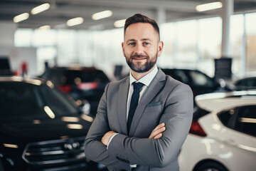 A car salesman manager stands among new vehicles in a showroom, ready to assist customers. Bright and inviting, the dealership offers a wide selection of cars for sale. - obrazy, fototapety, plakaty