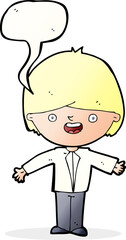 cartoon happy boy with open arms with speech bubble