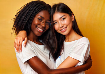 multiracial couple of two girls, representing unity and equality between races and lgtbiq+ rights. - obrazy, fototapety, plakaty