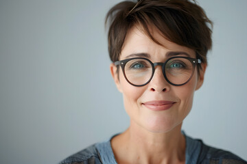 Closeup portrait of mature beautiful woman with short hair wearing glasses, isolated on light background