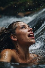 woman, tattooed hands, wet hair, in a waterfall, water, drops, splash.