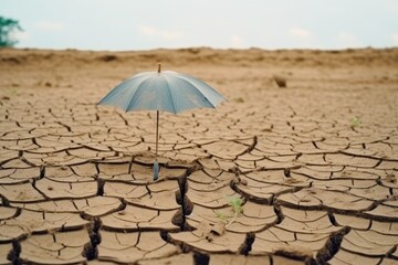 A single blue umbrella stands out on a vast cracked dry desert landscape. Solitary Umbrella on Cracked Dry Earth - obrazy, fototapety, plakaty