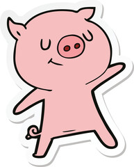 sticker of a happy cartoon pig waving