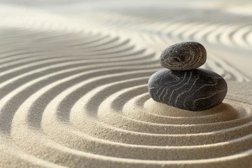Zelfklevend Fotobehang Zen Simplicity: Minimalist Zen garden with raked sand and stones. © Nopparat