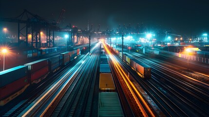Fototapeta na wymiar Freight Trains at Night in a Neon-Infused Digital Warehouse