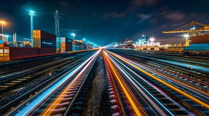 Fototapeta na wymiar Nighttime Railway Tracks with Vibrant Light Trails