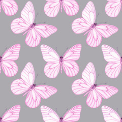 Watercolour Butterflies with pink wings illustration seamless pattern. Hand-painted elements insect. Hand drawn delicate insects. On silver background. For decoration, postcard, fabric, wrapping paper