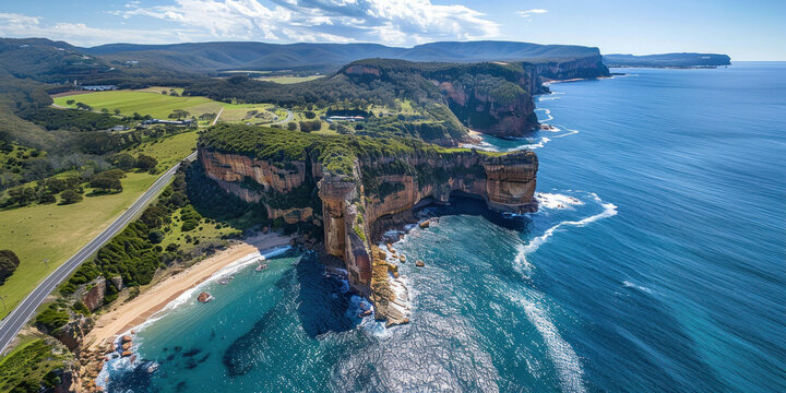 Spectacular aerial view of stunning coastline and cliffs on the Great Ocean Road in Australia