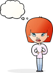 cartoon woman gesturing at herself with thought bubble