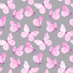 Watercolour Butterflies with pink wings illustration seamless pattern. On silver background. Hand-painted elements insect. Hand drawn delicate insects. For decoration, postcard, fabric, wrapping paper