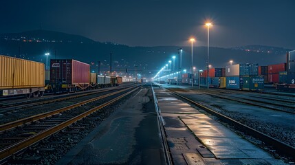 Freight Train on Track in Nighttime Industrial Urban Scene