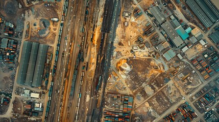 Aerial View of Industrial Urban Landscape with Railroads and Airports
