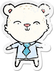 distressed sticker of a happy cartoon polar bear office worker