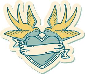 tattoo style sticker of a swallows and a heart with banner