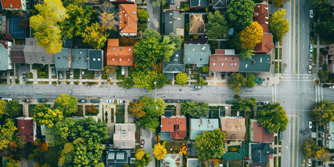 Aerial view of a peaceful residential neighborhood in Toronto, Ontario, Canada with rows of houses and treelined streets