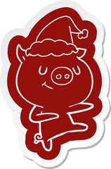 happy cartoon  sticker of a pig dancing wearing santa hat