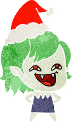 retro cartoon of a laughing vampire girl wearing santa hat