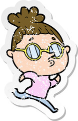 distressed sticker of a cartoon woman wearing glasses