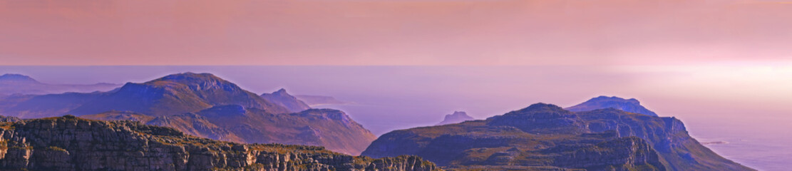 Mountain top, landscape and pink sky background for travel, hiking and eco friendly tourism with...