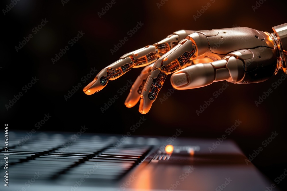 Poster hand of futuristic robot press the button on keyboard. conceptual technology design.