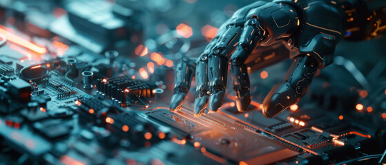 A robotic hand is touching a computer chip - obrazy, fototapety, plakaty