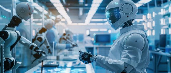 Fototapeta premium A robot is working in a factory with other robots