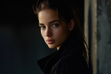 A woman with long hair and a black jacket is standing in front of a wall
