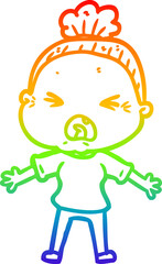 rainbow gradient line drawing cartoon angry old woman