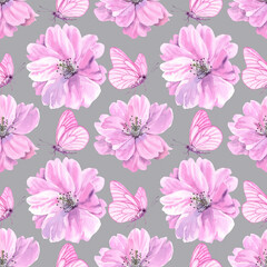 Watercolour Sakura spring flowers illustration seamless pattern. Seasonal Cherry blossom. On silver background. Hand-painted. Botanical Floral elements. Butterflies with pink wings. For print wrapping
