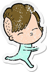 distressed sticker of a cartoon girl in onesie