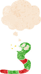 cartoon frightened worm and thought bubble in retro textured style