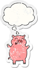 cartoon pig and thought bubble as a distressed worn sticker