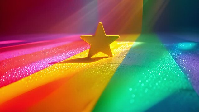 3d animation, abstract colorful star background with rainbow color neon glowing lines and reflection floor. Star rainbow star rainbow particles 4k video effect